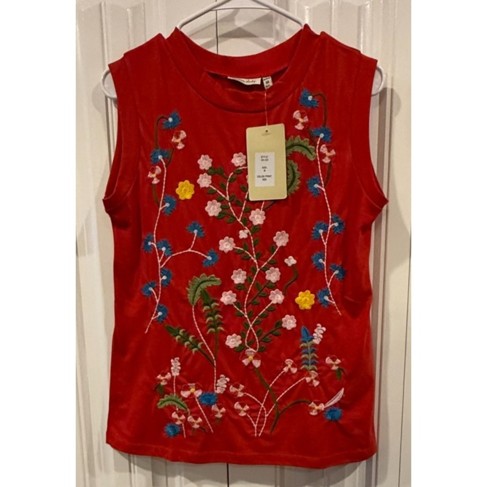 Cotton Daisy Women's M Red Embroidered Floral Sleeveless Top Boho Cottagecore NW
